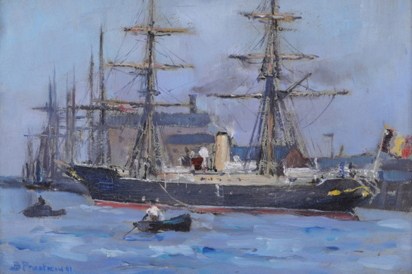 Bertram Priestman oil painting A Traditional Steamer buy modern British Impressionist marine art online