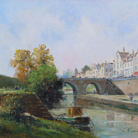 Gustave Mascart a village by a river buy European Impressionist art online