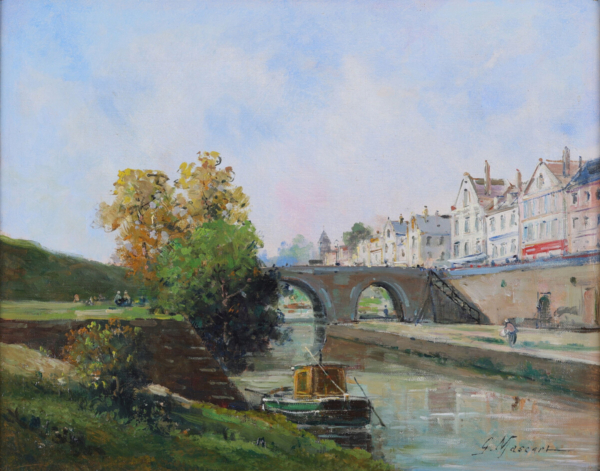 Gustave Mascart a village by a river buy European Impressionist art online