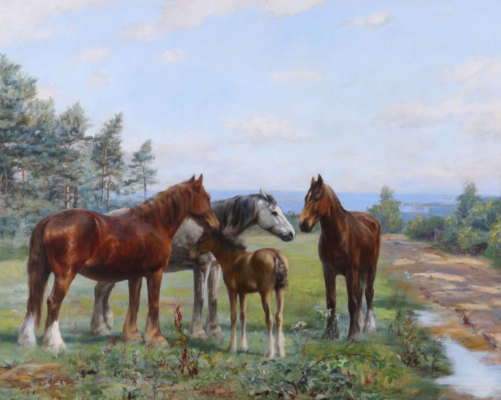 buy Victorian art online Wright Barker horses with a foal painting