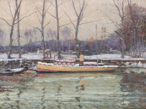 Fenand Lambert A Moored boat in Winter oil painting buy european art online