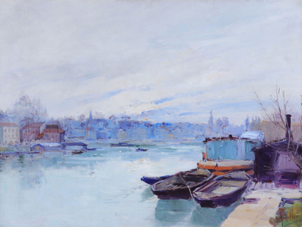 buy European impressionist art online Boats moored on a Rivers Edge Gustave Madelaine painting